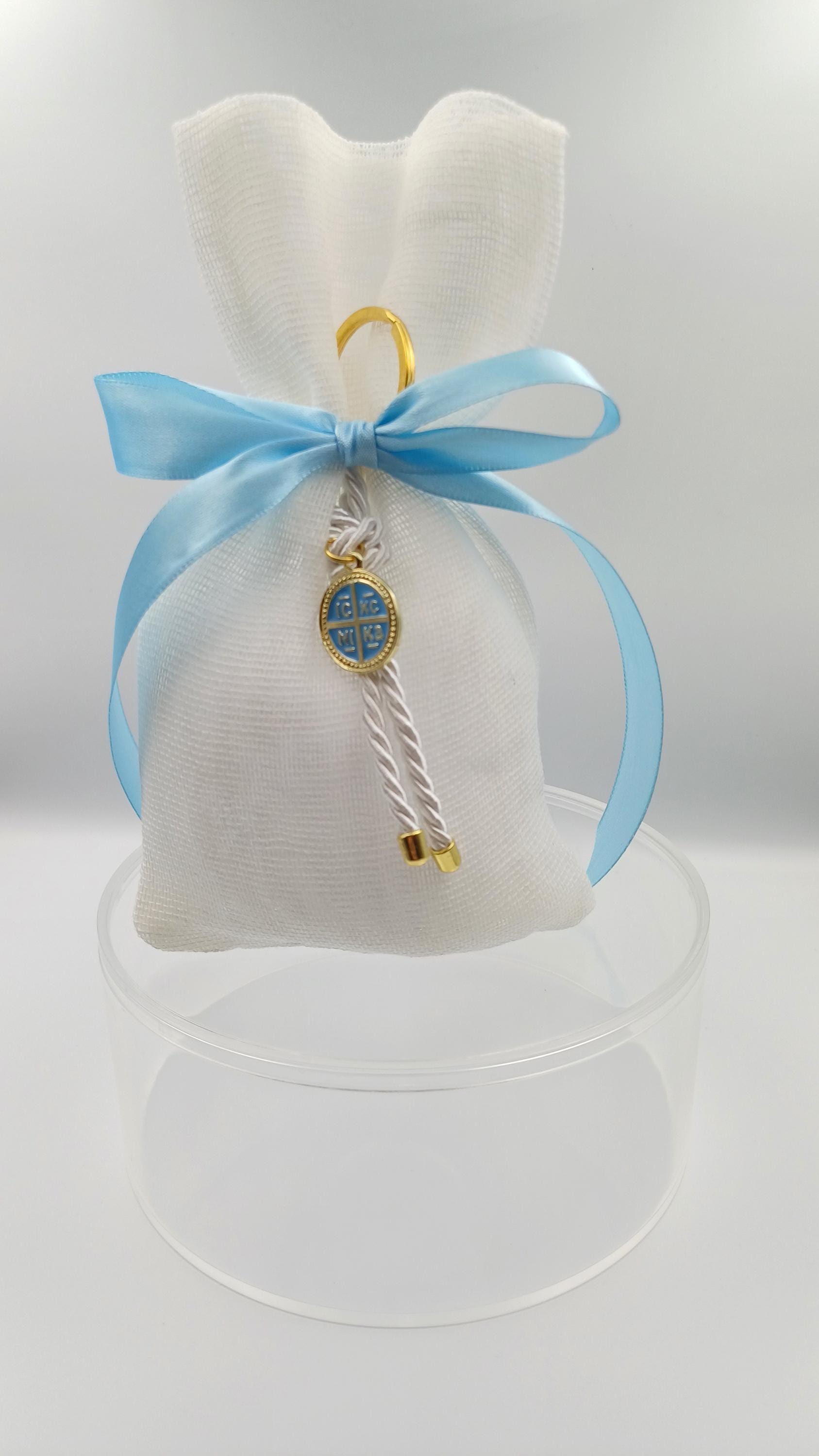 10 pcs, Greek  Orthodox baptism boubounieres, Blue Constantinato Martyrika for boy Almond candy pouches.