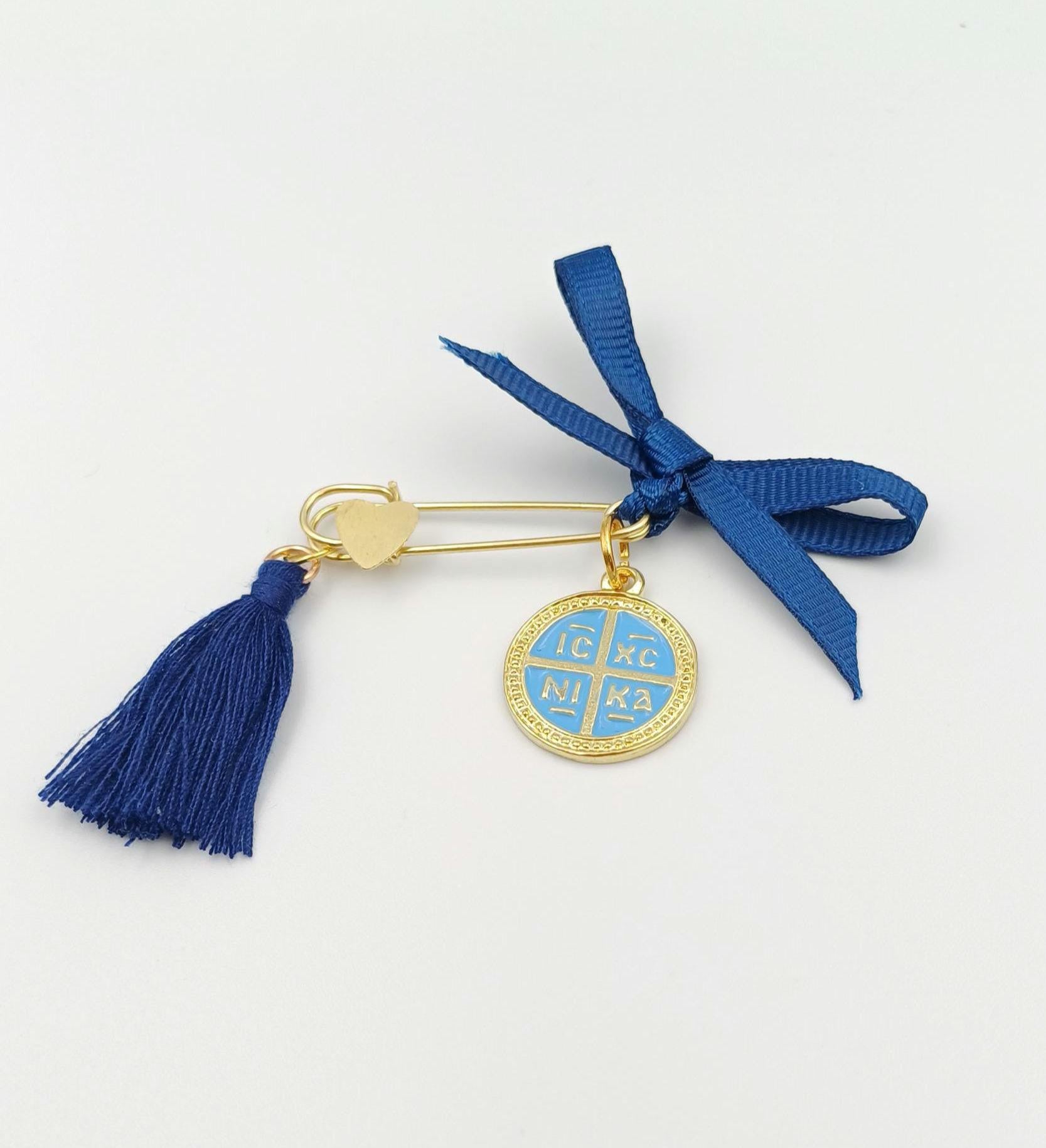 Greek Orthodox Baptism Martyrika Pins | Gold Byzantine Cross Charm Blue Enamel | Christening Witness Pins | Greek Baptism Favors | Set of 10