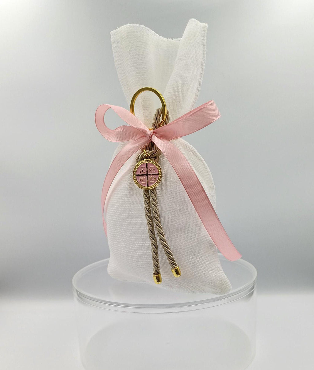 10 pcs, Greek  Orthodox baptism bobonieres, Constantinato keychain favors,  Girl baptism, Koufeta , pink Mpomponieres, Almond candy pouches.