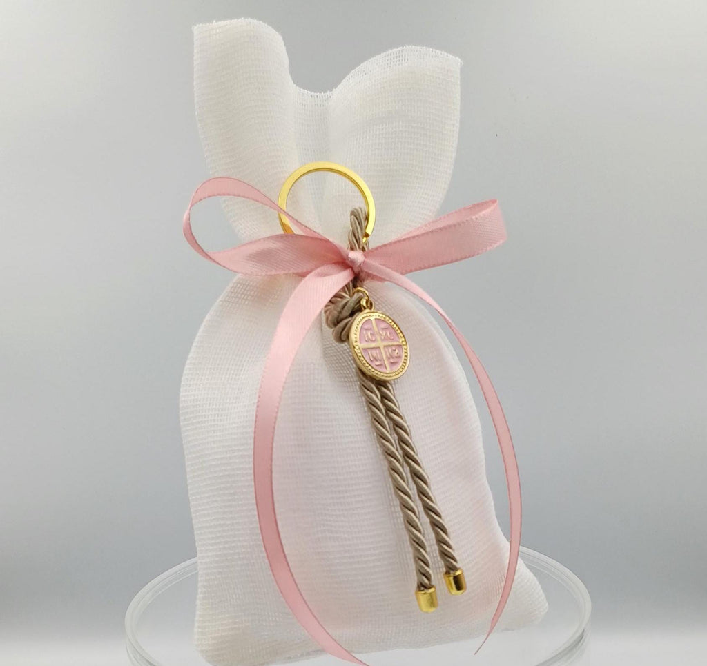10 pcs, Greek  Orthodox baptism bobonieres, Constantinato keychain favors,  Girl baptism, Koufeta , pink Mpomponieres, Almond candy pouches.
