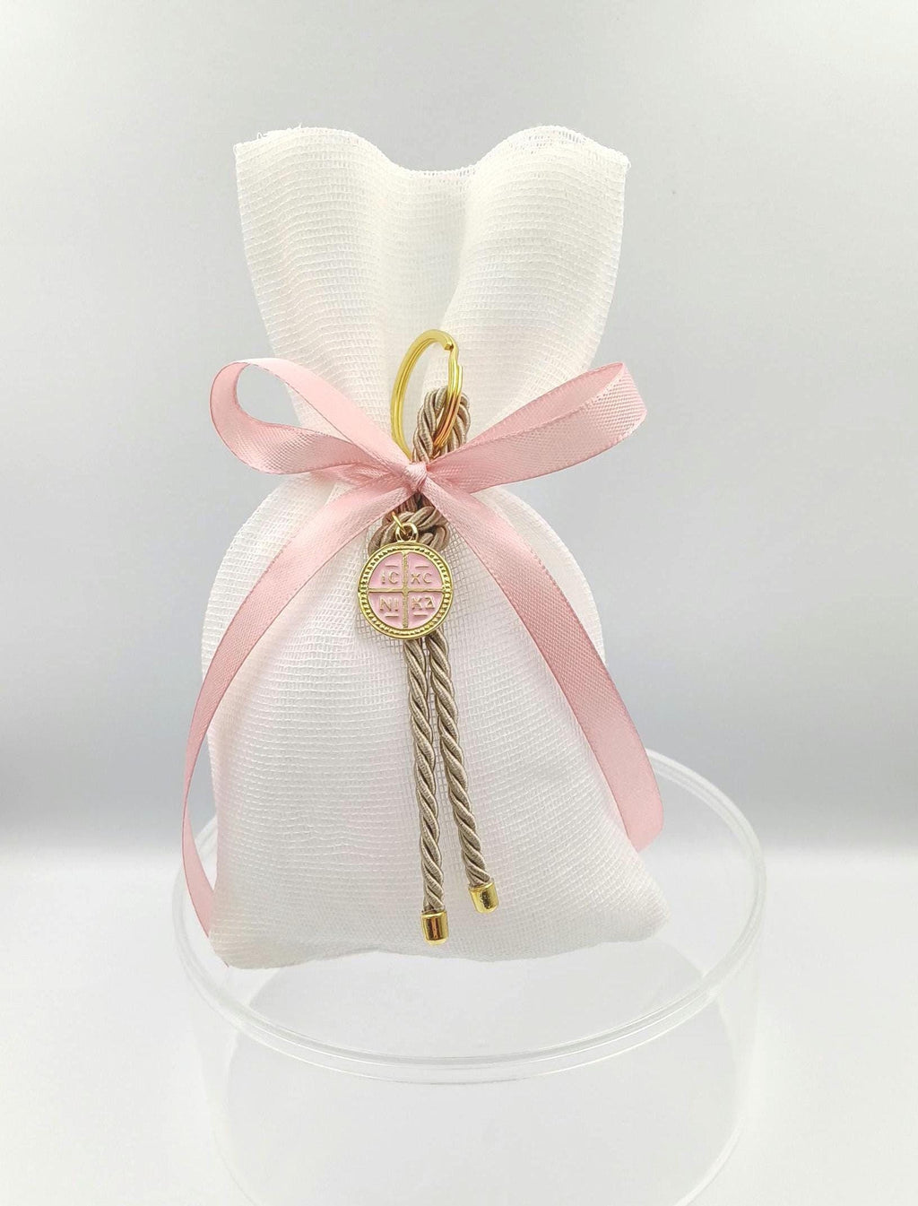 10 pcs, Greek  Orthodox baptism bobonieres, Constantinato keychain favors,  Girl baptism, Koufeta , pink Mpomponieres, Almond candy pouches.
