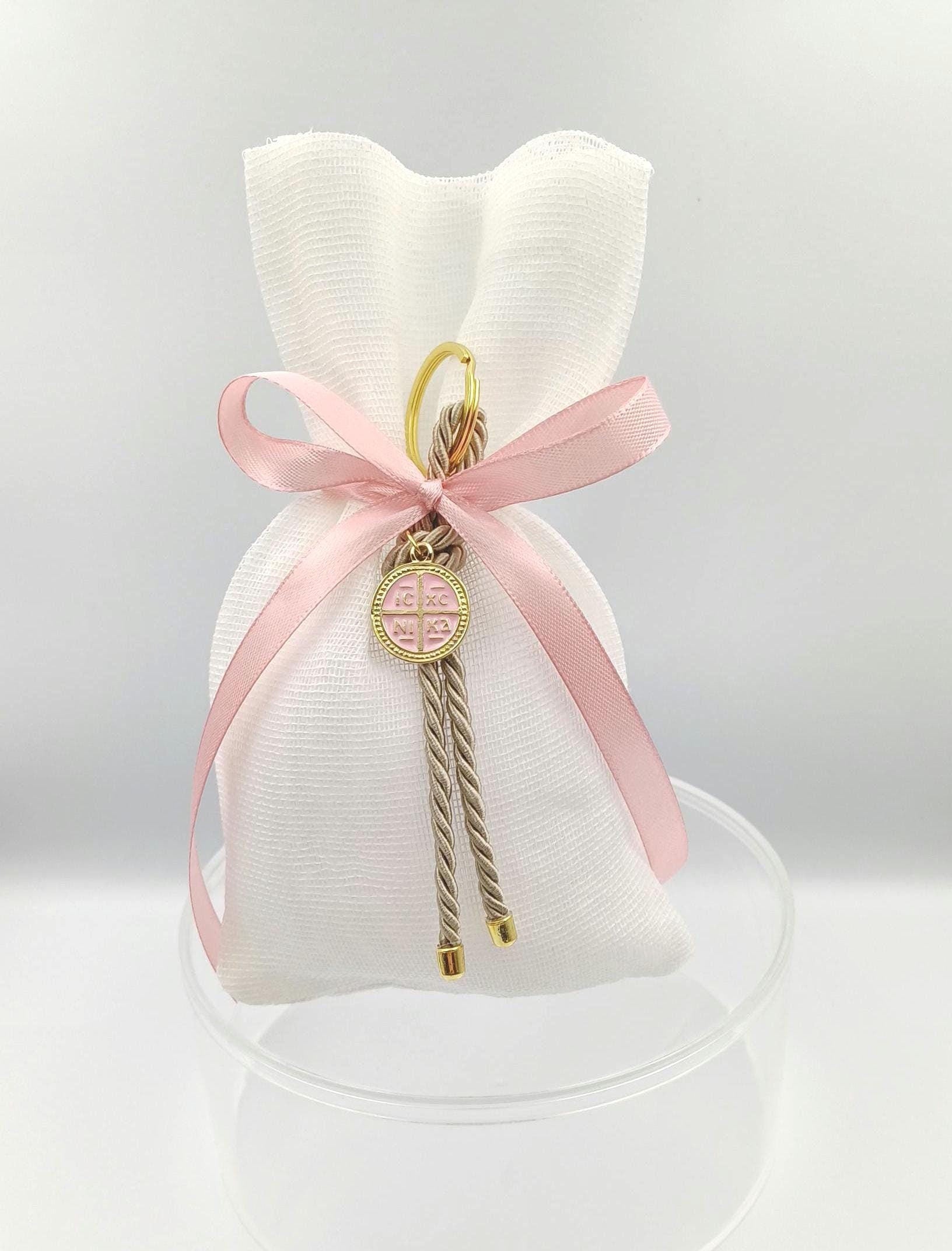 10 pcs, Greek  Orthodox baptism bobonieres, Constantinato keychain favors,  Girl baptism, Koufeta , pink Mpomponieres, Almond candy pouches.