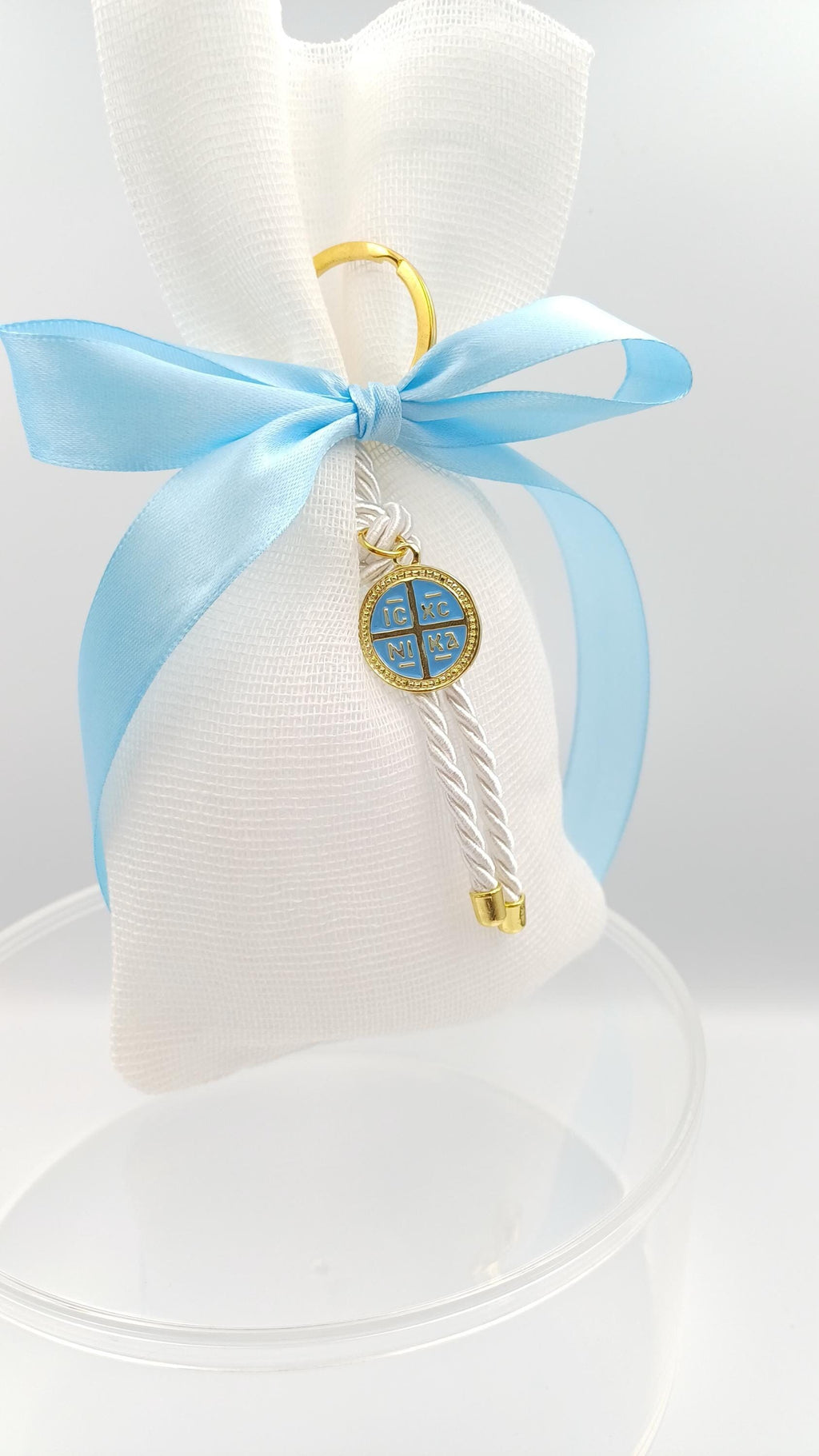 10 pcs, Greek  Orthodox baptism boubounieres, Blue Constantinato Martyrika for boy Almond candy pouches.