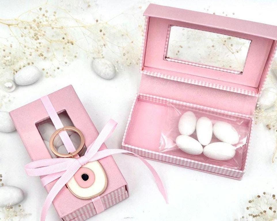 Greek baptism favors, Orthodox baptism bomboniere, pink box with evil eye keychain,  10 pcs