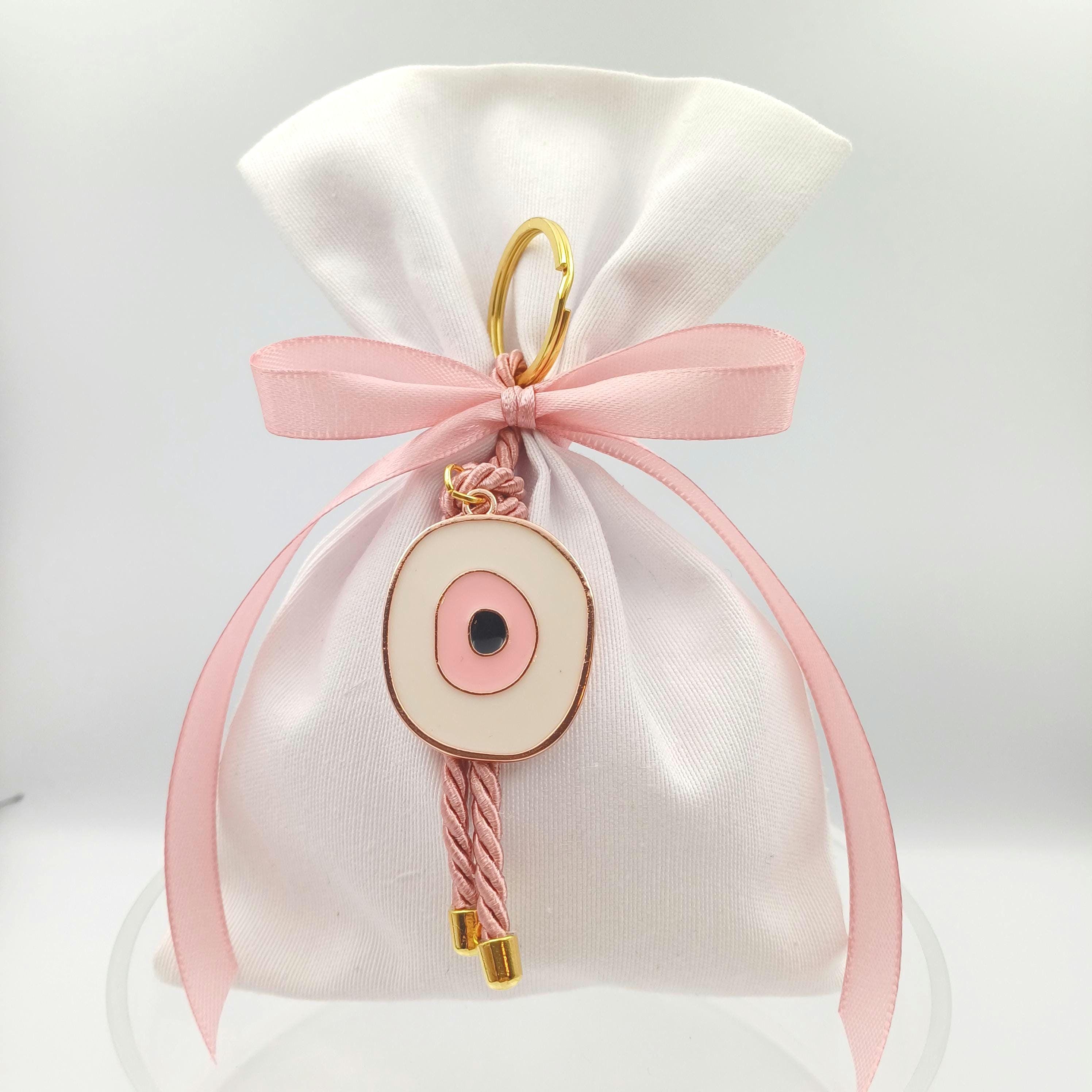Pink Evil Eye Keychain Favor, Greek Lucky Charm, Baptism Gift Set of 10