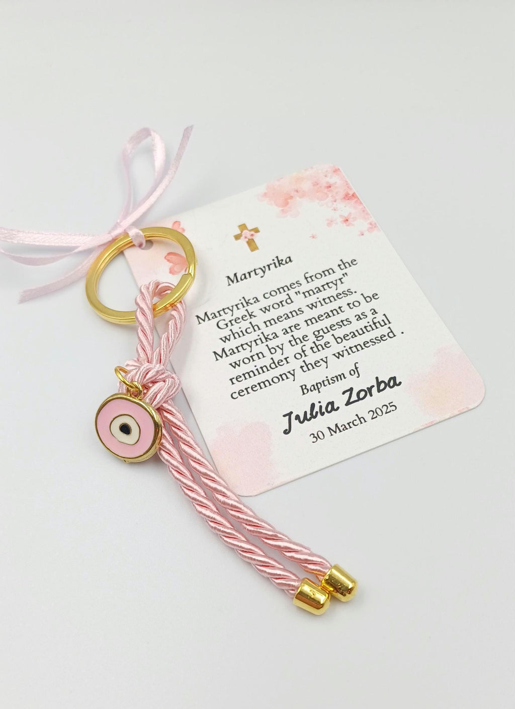 Pink Evil Eye Keychain Baptism Favors – Personalized Martyrika Witness Gifts, Greek Orthodox Baby Shower & First Communion (10 pcs)