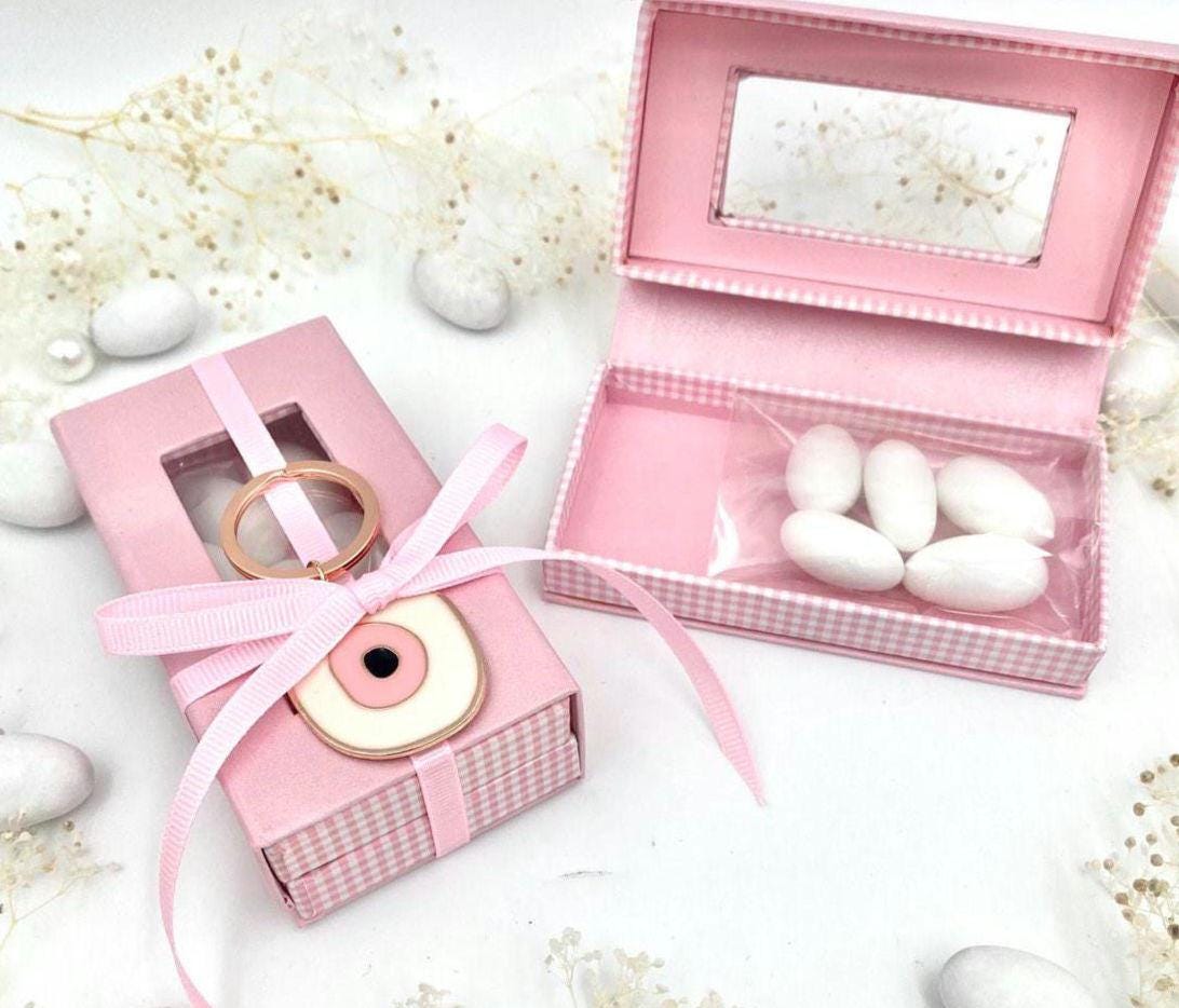 Greek baptism favors, Orthodox baptism bomboniere, pink box with evil eye keychain,  10 pcs