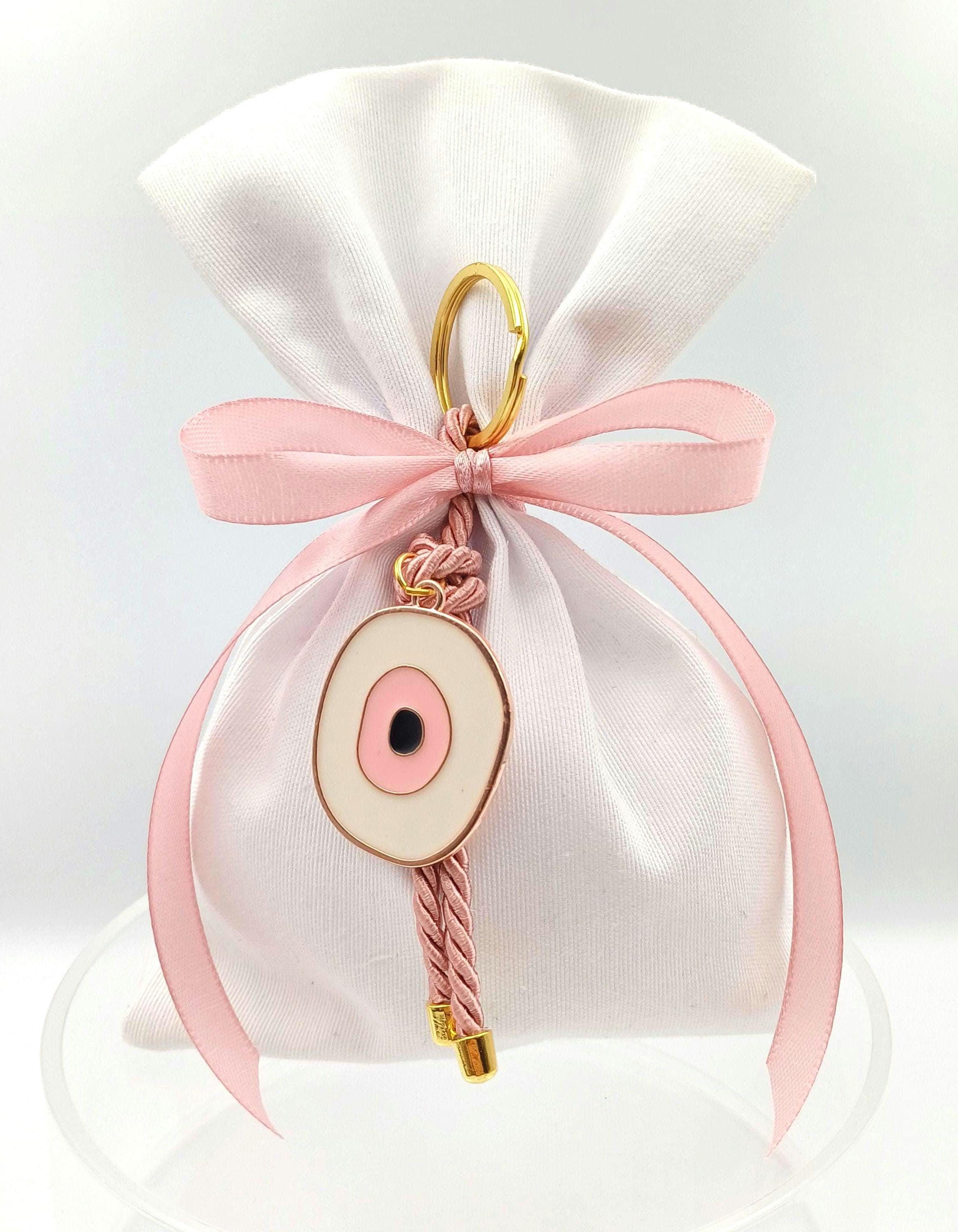 Pink Evil Eye Keychain Favor, Greek Lucky Charm, Baptism Gift Set of 10