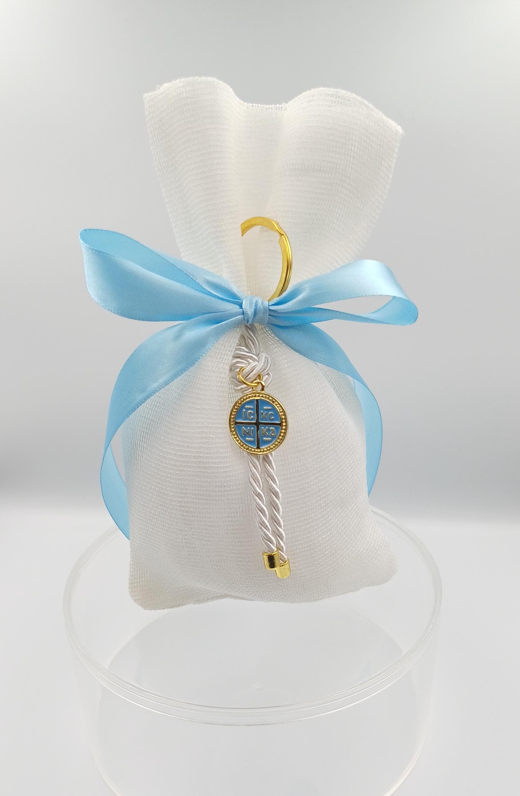 10 pcs, Greek  Orthodox baptism boubounieres, Blue Constantinato Martyrika for boy Almond candy pouches.