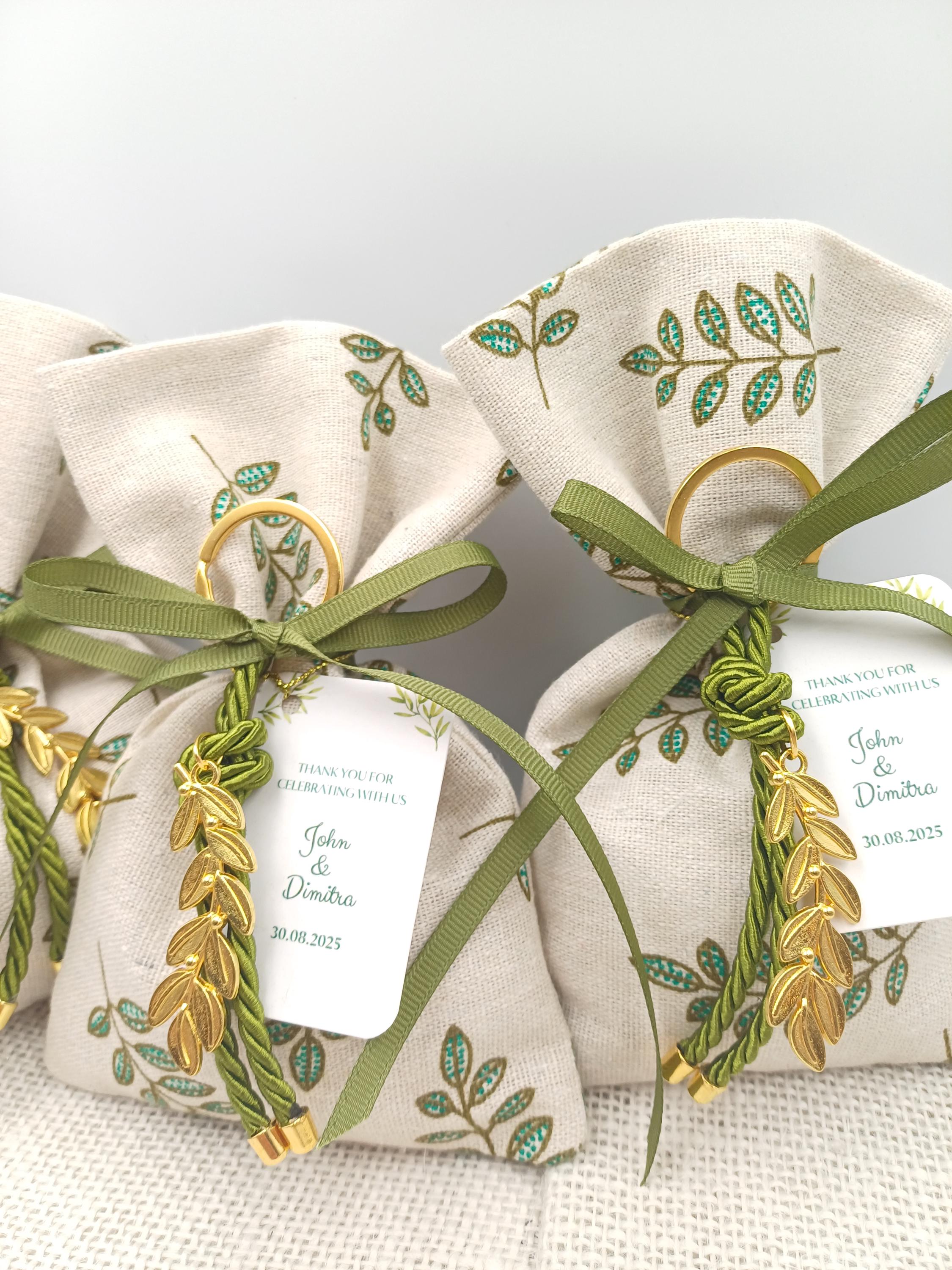 Olive Branch cotton Bomboniere Wedding Favor Set of 10 – Greek Gift with Gold Olive Leaf, Keychain, Personal Tag & Koufeta
