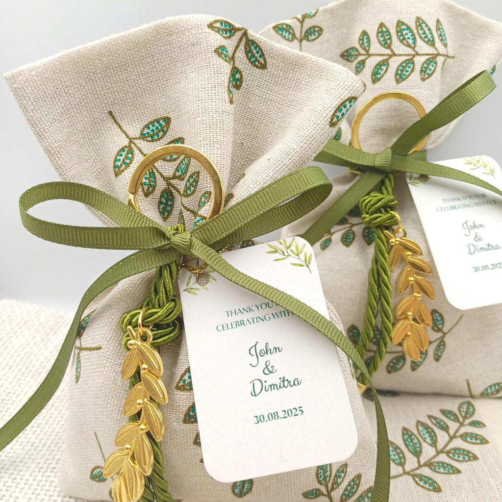 Olive Branch cotton Bomboniere Wedding Favor Set of 10 – Greek Gift with Gold Olive Leaf, Keychain, Personal Tag & Koufeta
