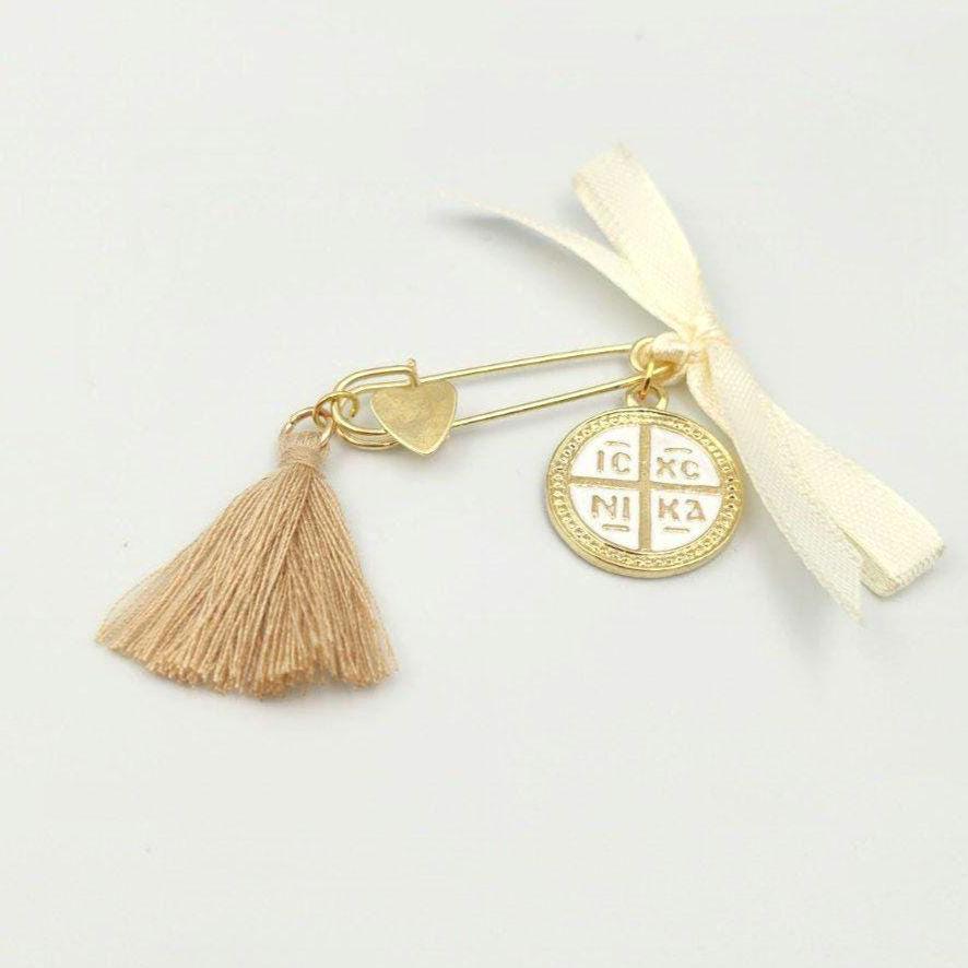 Greek Orthodox Baptism Martyrika Gold Cross Safety Pins Christening Keepsake set of 10