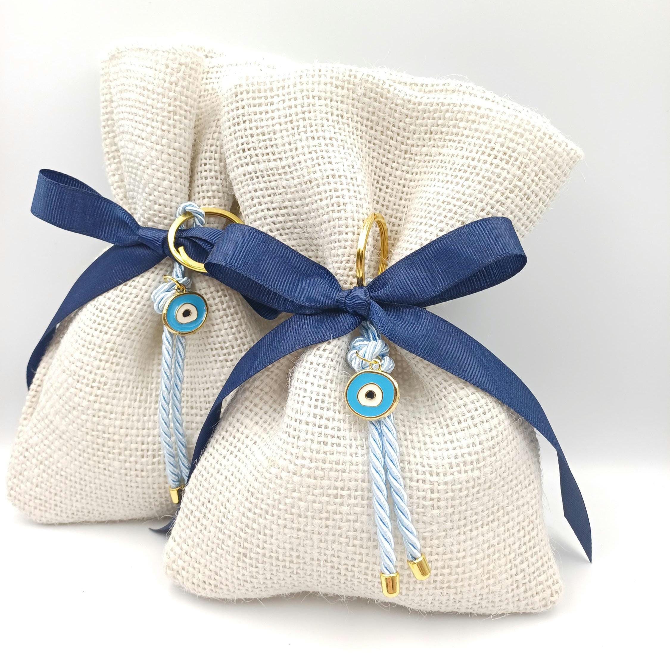 Orthodox Baptism Bomboniere – Elegant Linen Burlap Favor with Evil Eye Keychain | Handmade Greek Christening Favor with Koufeta (Set of 10)