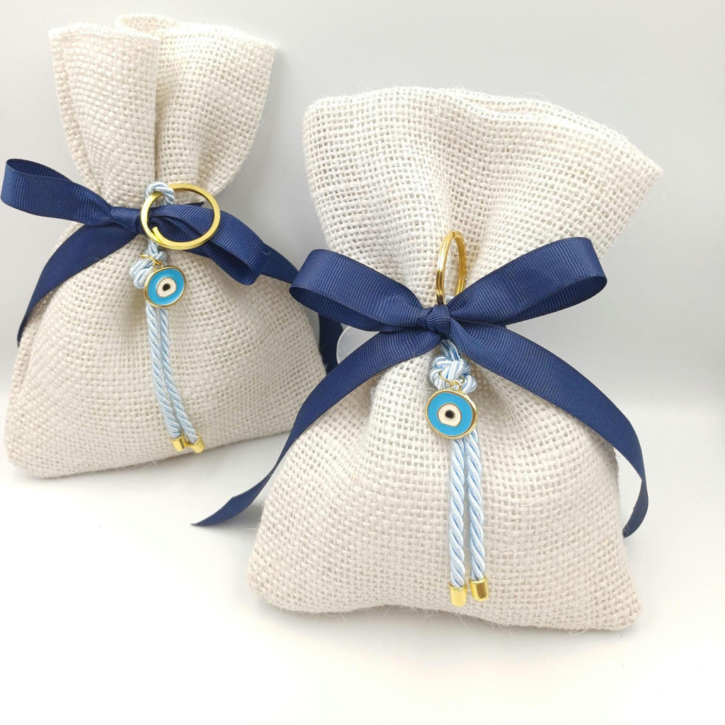 Orthodox Baptism Bomboniere – Elegant Linen Burlap Favor with Evil Eye Keychain | Handmade Greek Christening Favor with Koufeta (Set of 10)