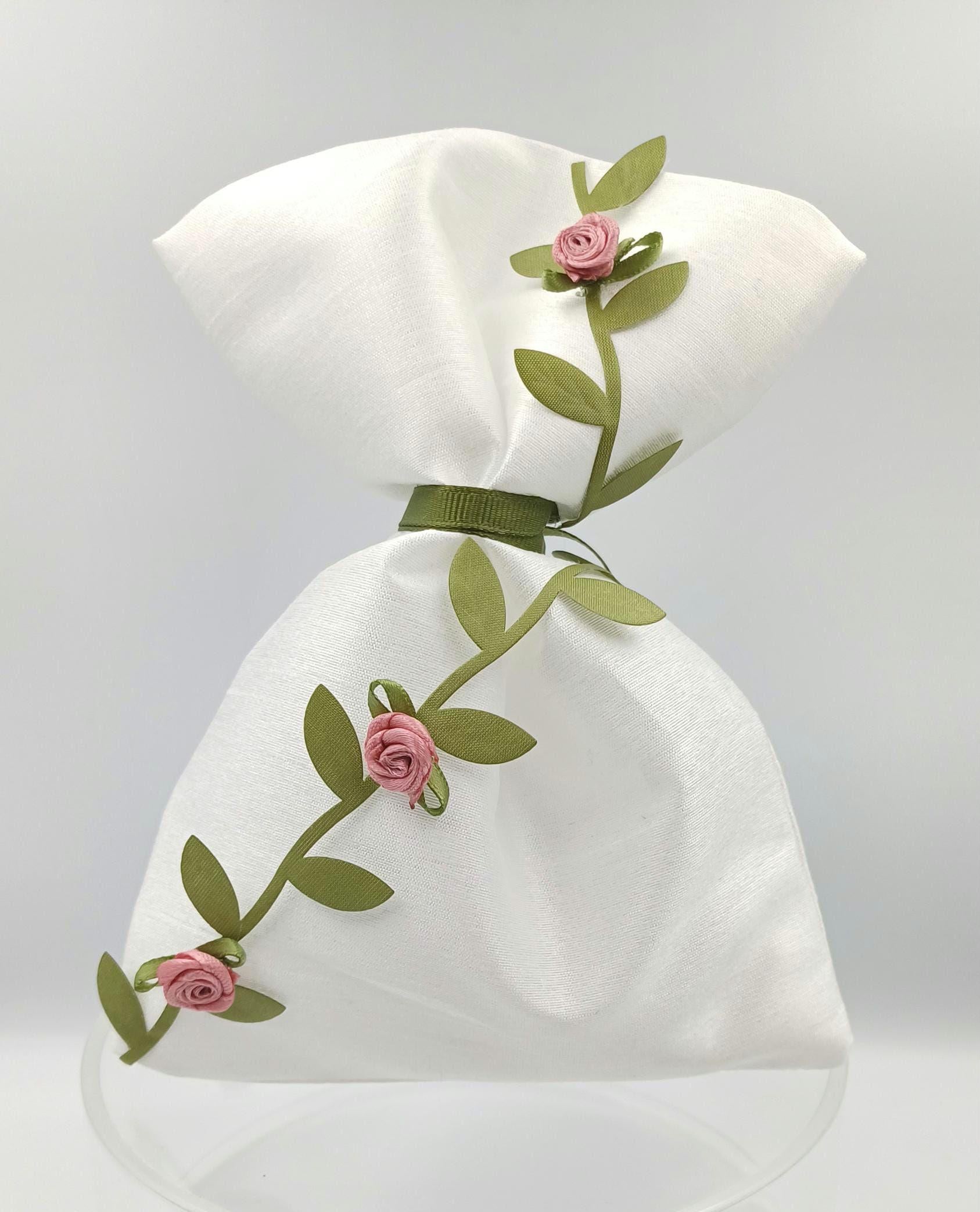 Luxury Taffeta Wedding Favor Bag – Olive Branch Ribbon, Jordan Almonds, Greek Bomboniere (5.1 x 7.5 in, Set of 10)