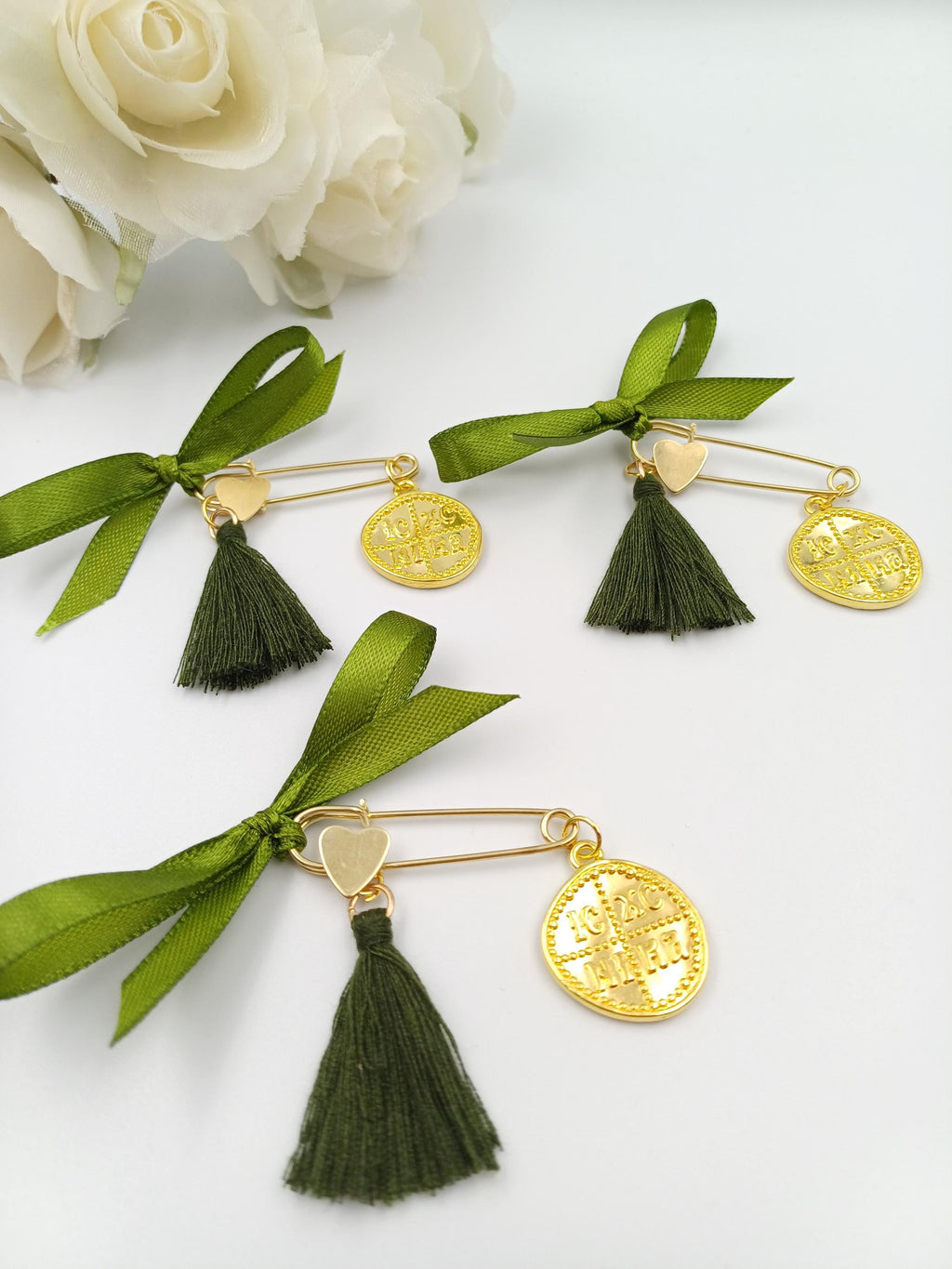 Greek Baptism Favors: Olive Green Cross Safety Pins Martyrika, Christening gift, first communion gifts 10 pcs.