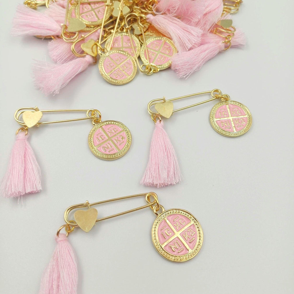 Greek Baptism Martyrika Safe pin – Gold Enamel Cross Witness Pins – Orthodox Baptism Favors, first communion gift (Set of 10)