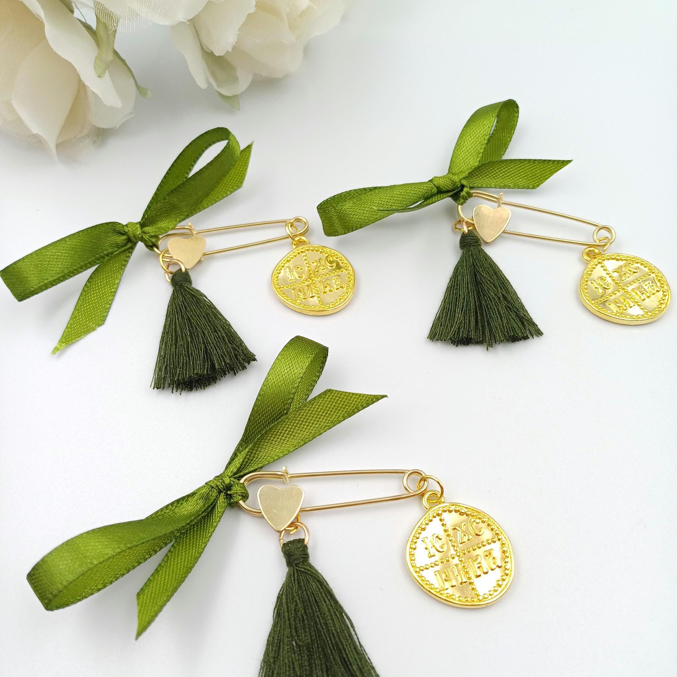 Greek Baptism Favors: Olive Green Cross Safety Pins Martyrika, Christening gift, first communion gifts 10 pcs.