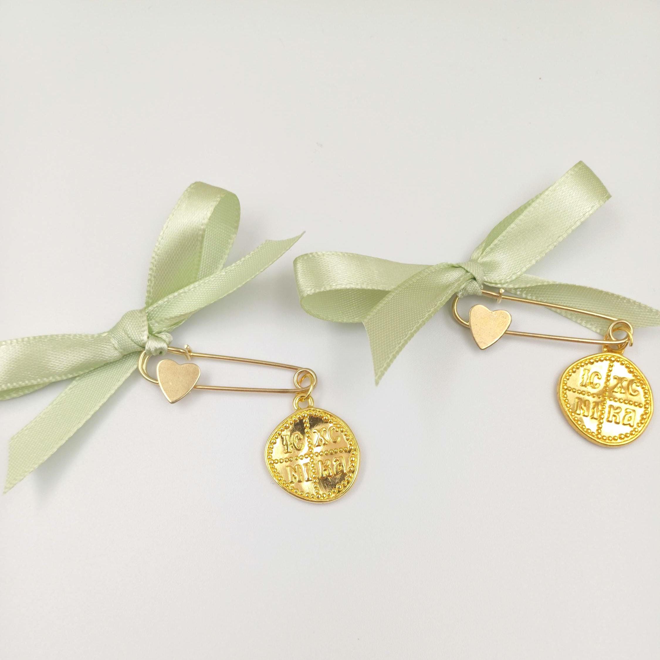 Sage Green Baptism pins,  Martyrika Pins - Greek Orthodox Baptism Favors , Witness Gifts for Christening Ceremony, 10 Pieces