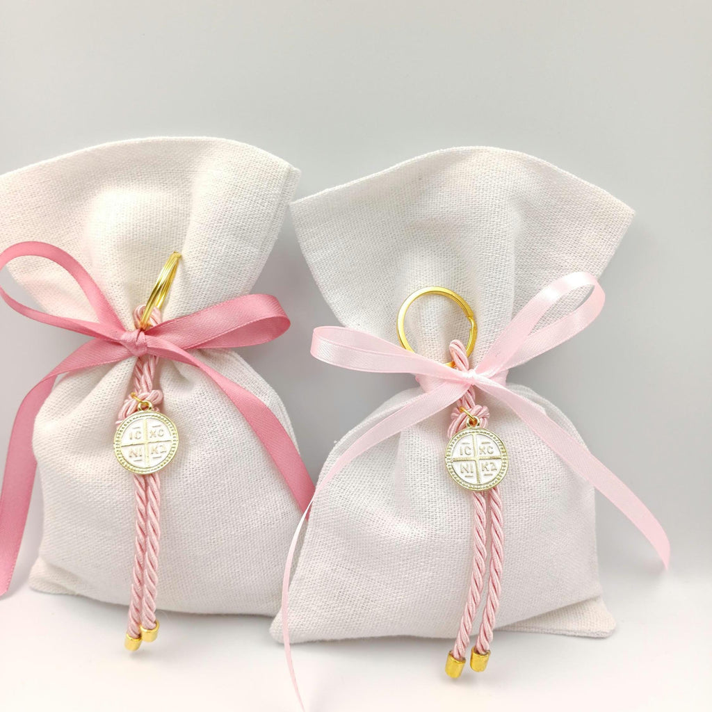 10 pcs, Greek Orthodox baptism boubounieres, Martyrika cross keychain girl, Greek baptism favors ,Koufeta jordan Almond candy pouches.