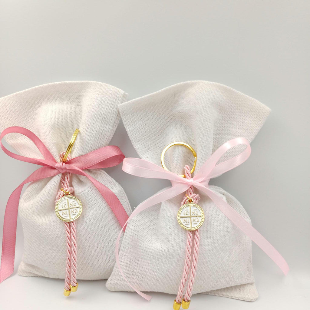 10 pcs, Greek Orthodox baptism boubounieres, Martyrika cross keychain girl, Greek baptism favors ,Koufeta jordan Almond candy pouches.