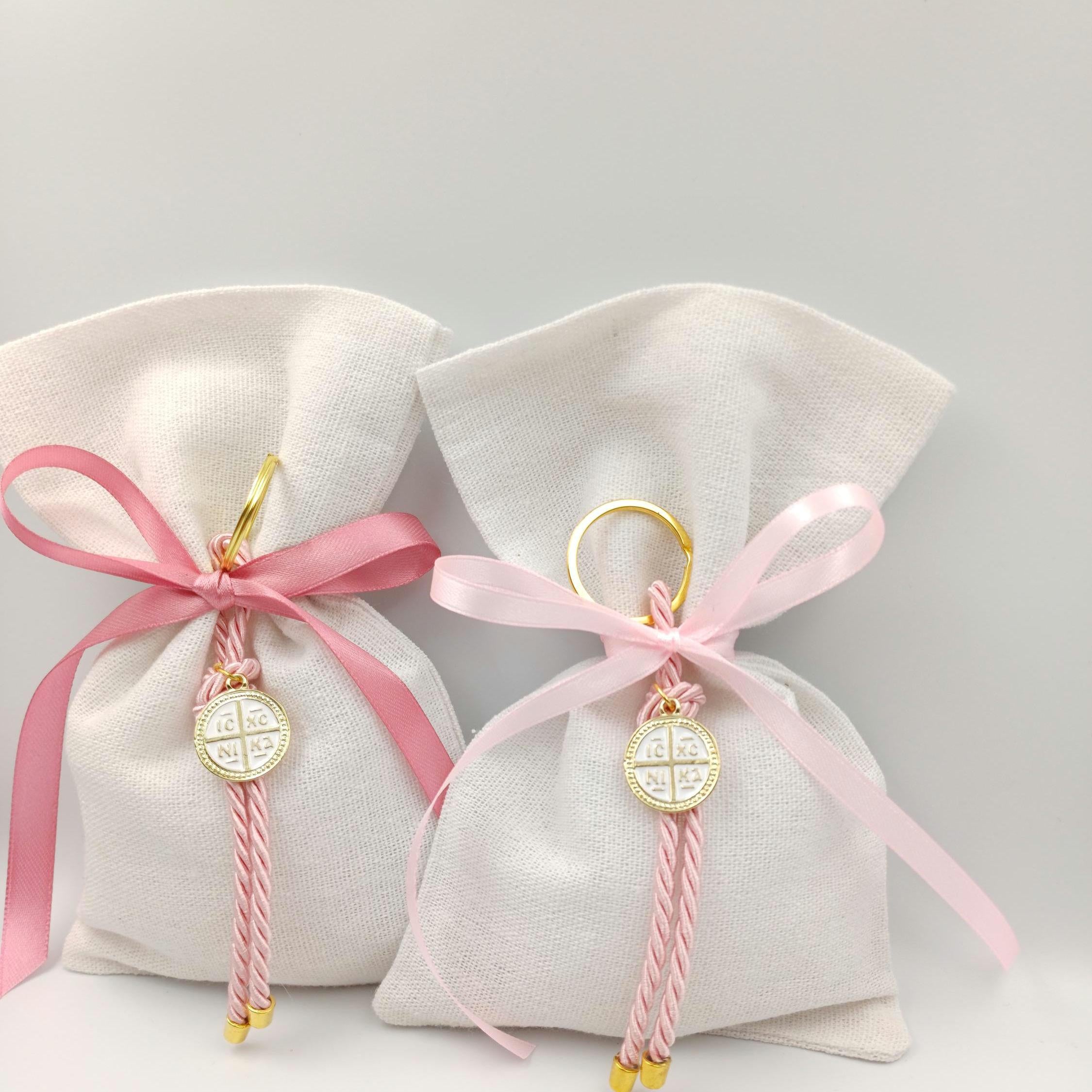 10 pcs, Greek Orthodox baptism boubounieres, Martyrika cross keychain girl, Greek baptism favors ,Koufeta jordan Almond candy pouches.