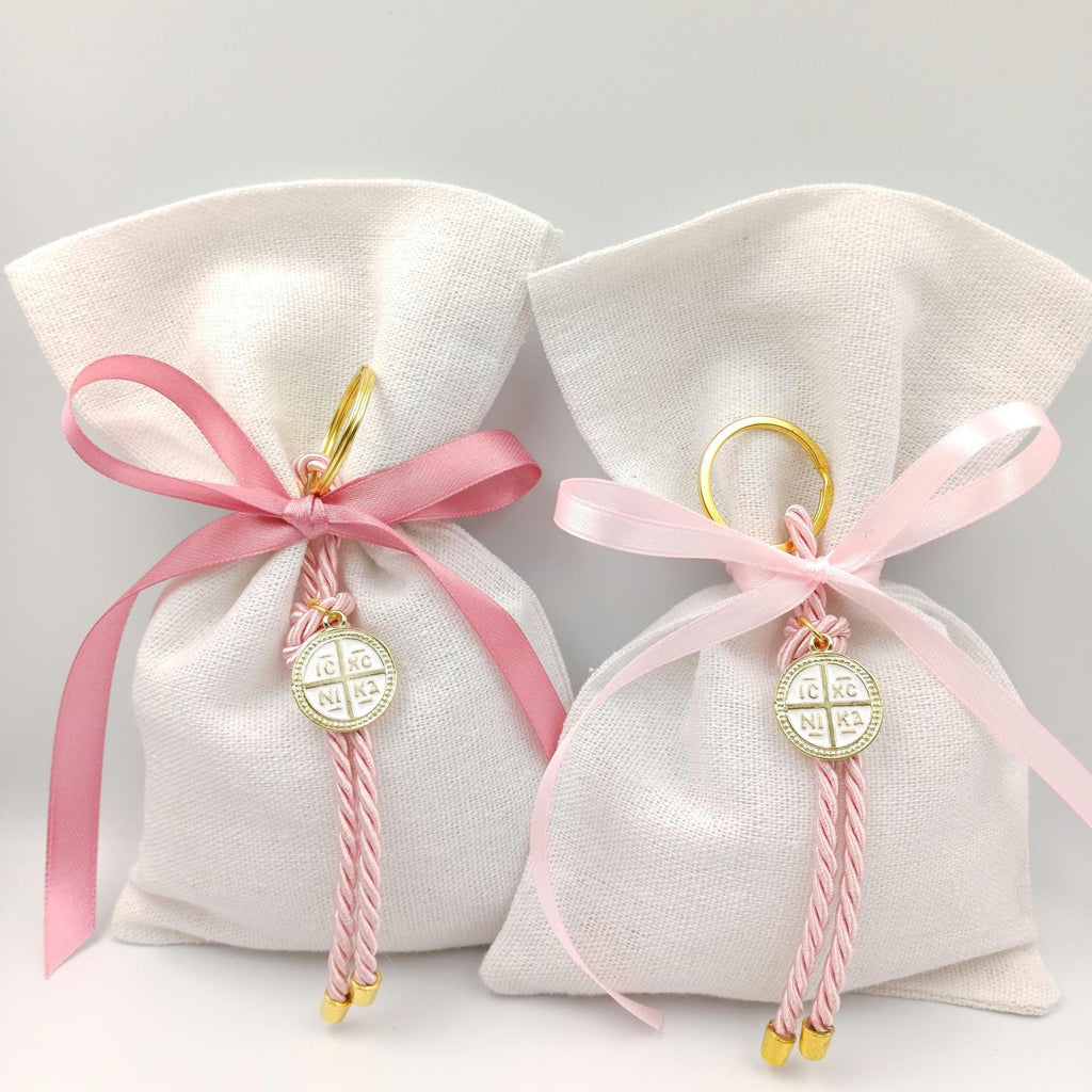 10 pcs, Greek Orthodox baptism boubounieres, Martyrika cross keychain girl, Greek baptism favors ,Koufeta jordan Almond candy pouches.
