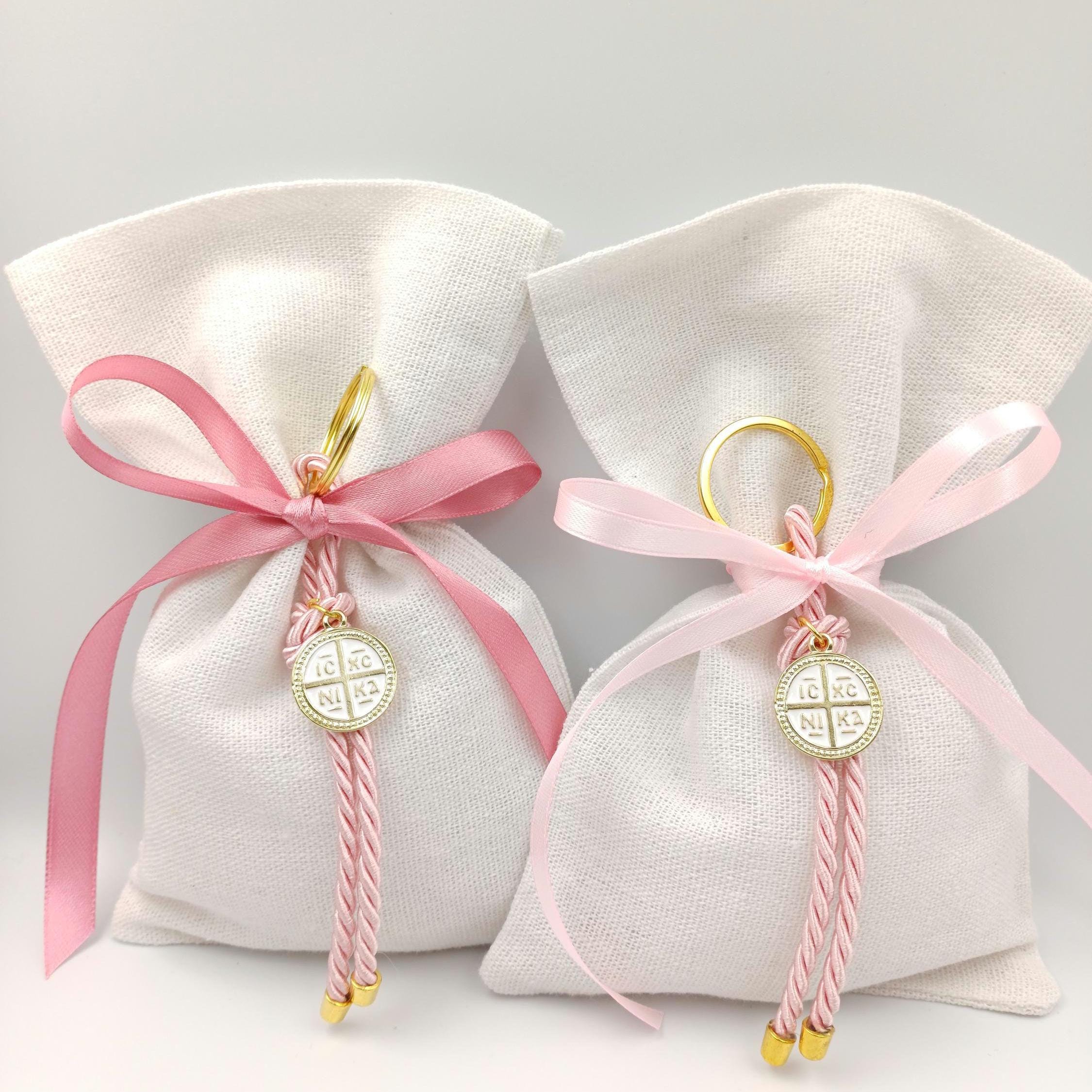 10 pcs, Greek Orthodox baptism boubounieres, Martyrika cross keychain girl, Greek baptism favors ,Koufeta jordan Almond candy pouches.