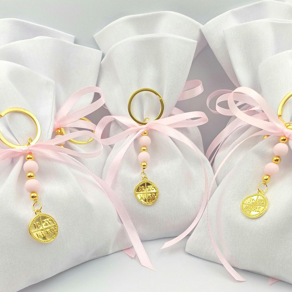 Greek Orthodox Baptism Boboniere Handmade Cotton Pouches with Cross Keychain  set of 10