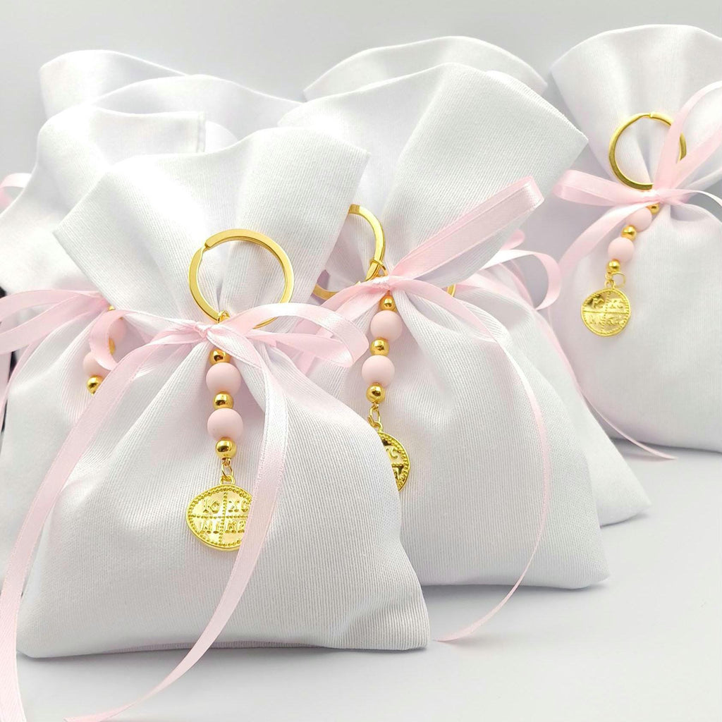 Greek Orthodox Baptism Boboniere Handmade Cotton Pouches with Cross Keychain  set of 10
