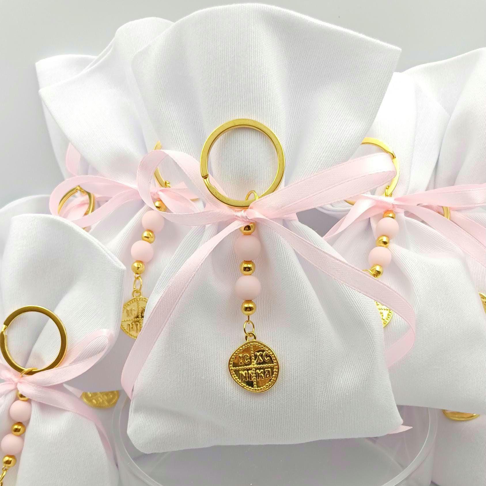 Greek Orthodox Baptism Boboniere Handmade Cotton Pouches with Cross Keychain  set of 10