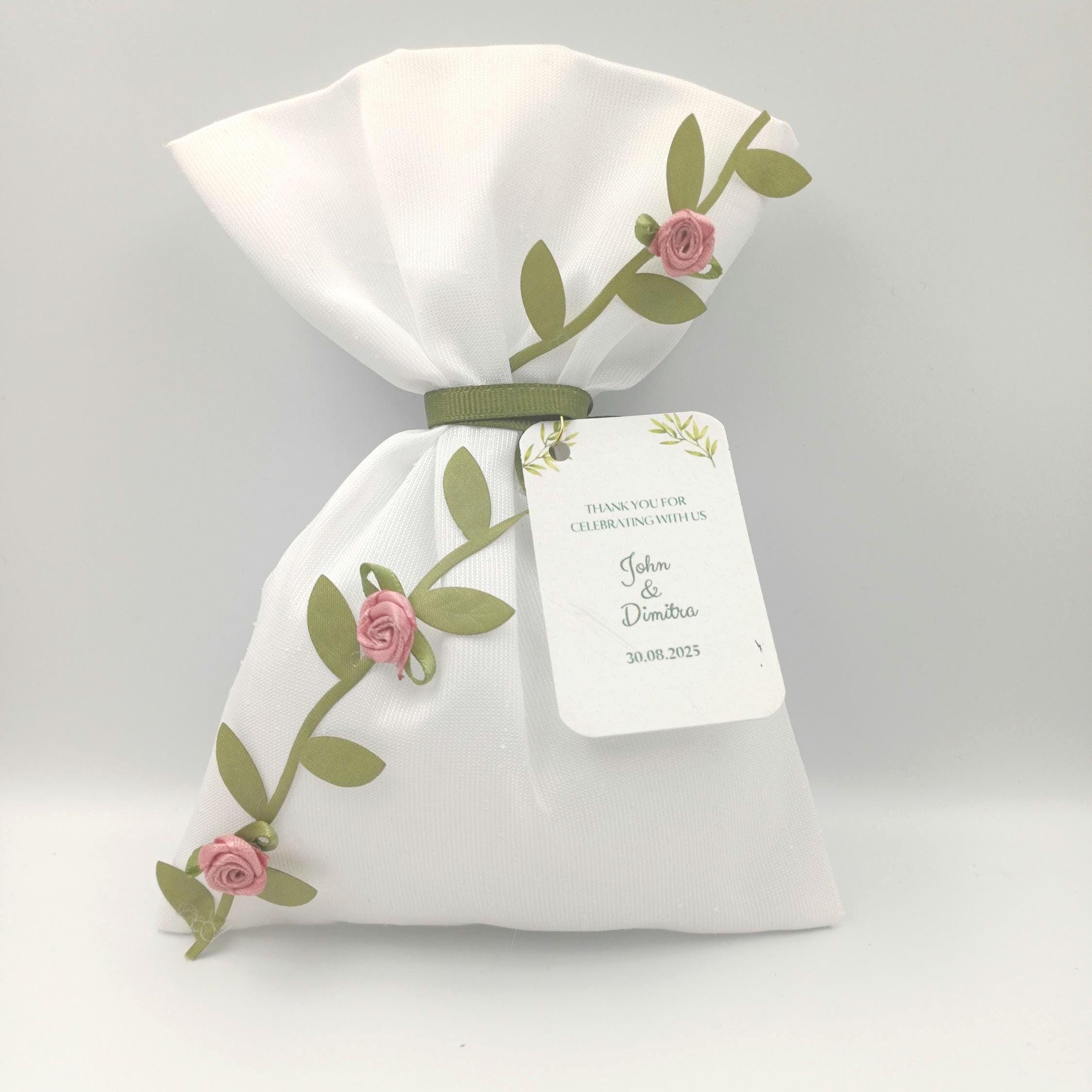 Luxury Taffeta Wedding Favor Bag – Olive Branch Ribbon, Jordan Almonds, Greek Bomboniere (5.1 x 7.5 in, Set of 10)