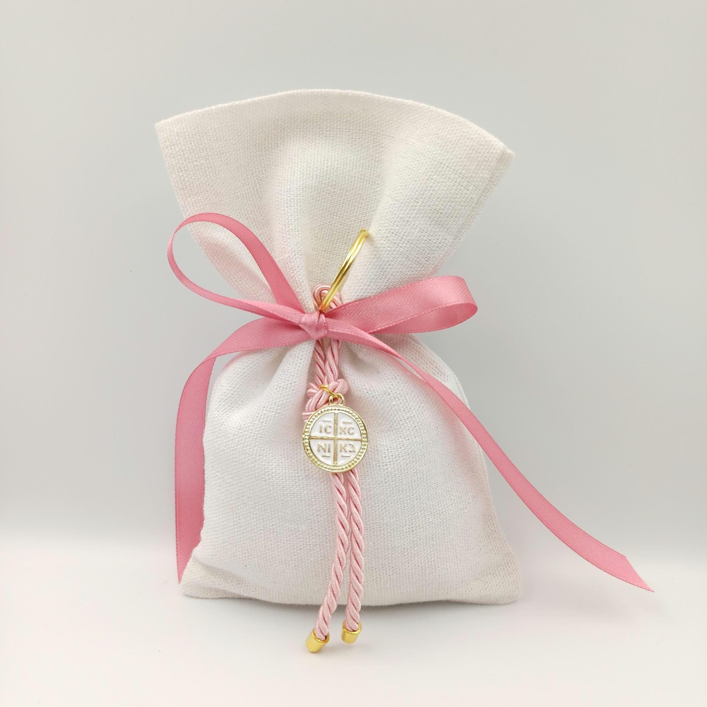 10 pcs, Greek Orthodox baptism boubounieres, Martyrika cross keychain girl, Greek baptism favors ,Koufeta jordan Almond candy pouches.