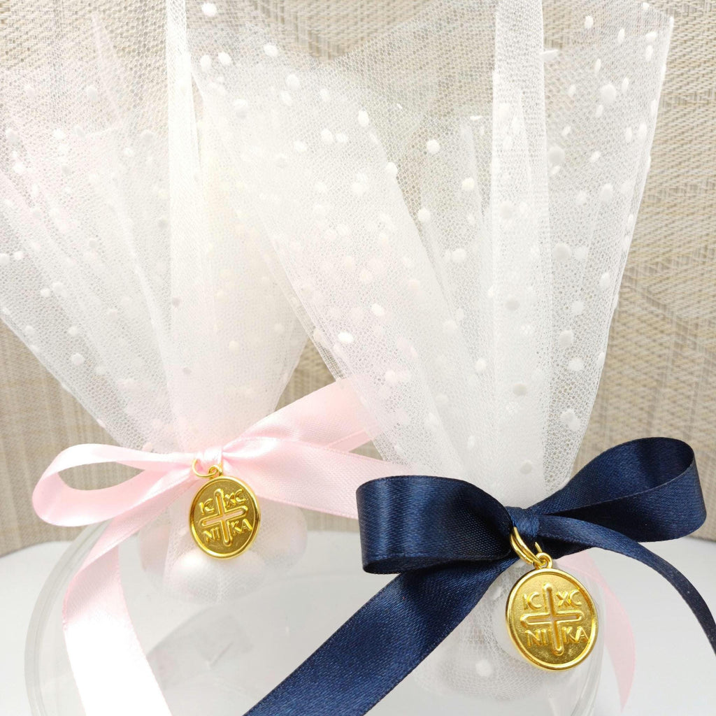Greek baptism traditional tulle bombonieres, Byzantine Cross  baptism gifts, koufeta jordan almonds favors,mi bautizo confetti, 10 pcs.