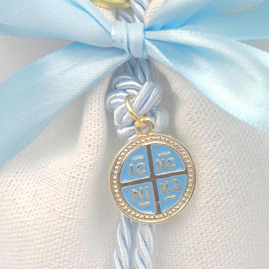 Greek Orthodox Baptism Bomboniere | Linen Pouch with Cross Keychain,  Set of 10