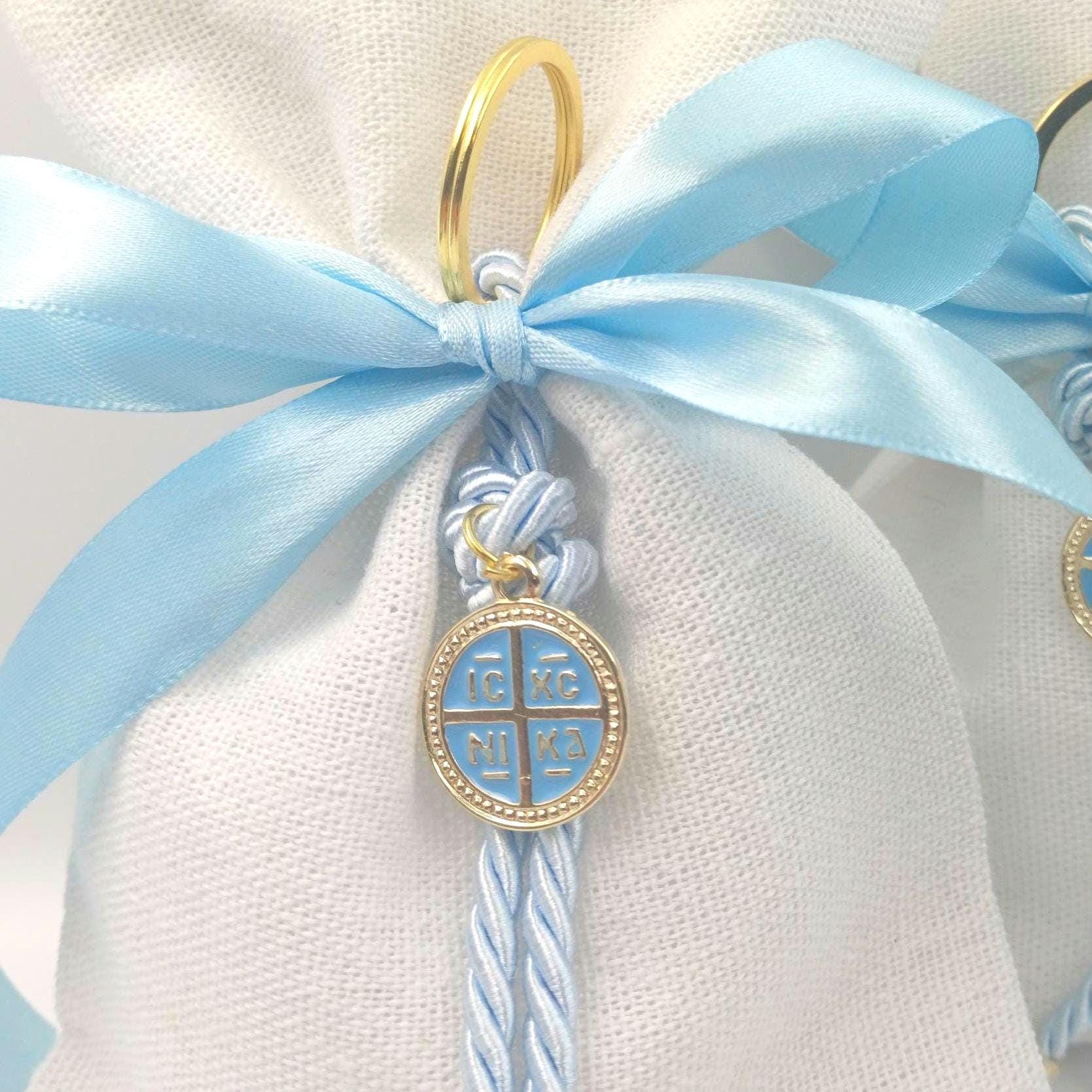 Greek Orthodox Baptism Bomboniere | Linen Pouch with Cross Keychain,  Set of 10