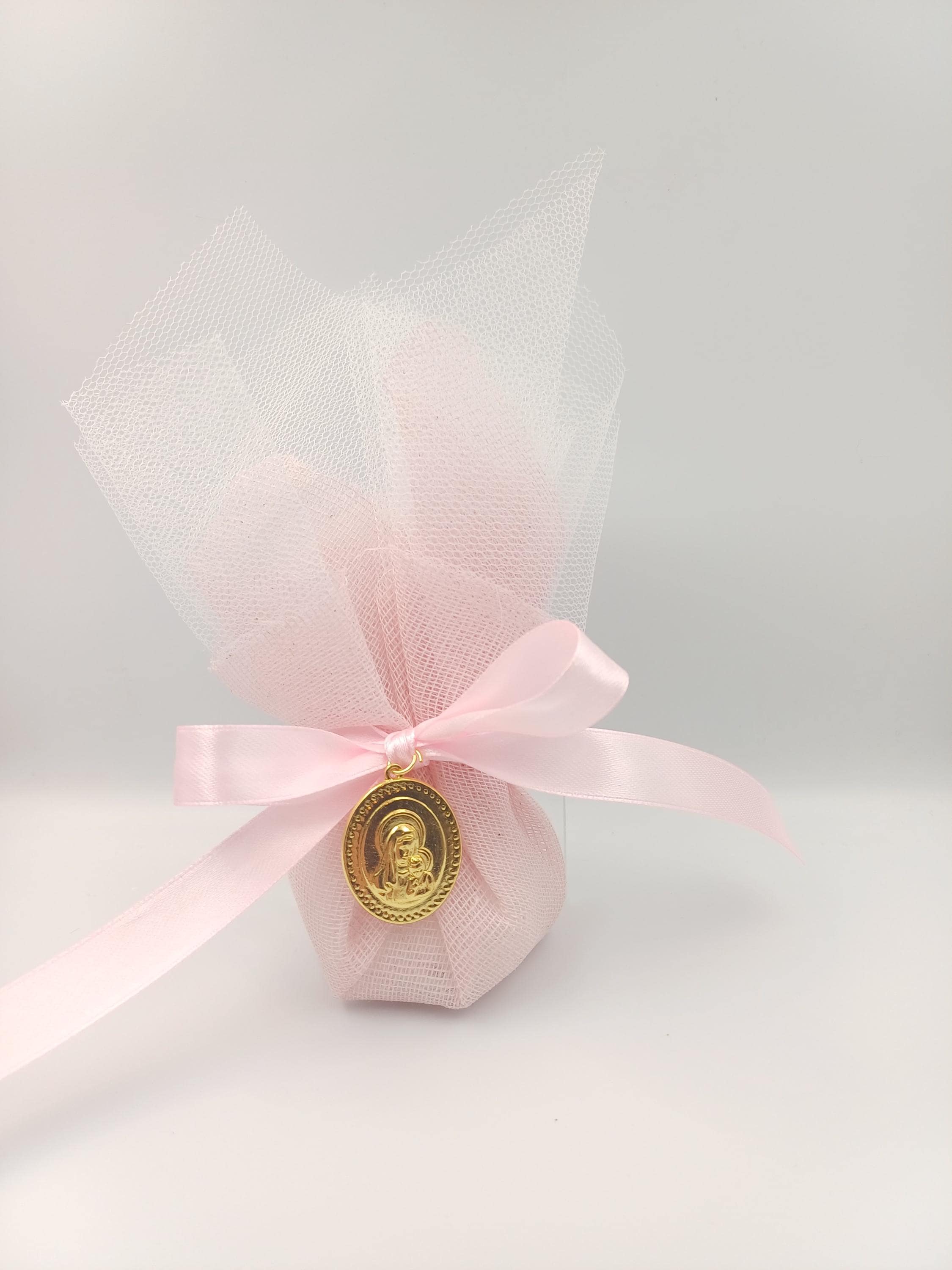 Greek Orthodox Icon Baptism Bombonieres, Pink tulle Christening favors Koufeta 10 pcs