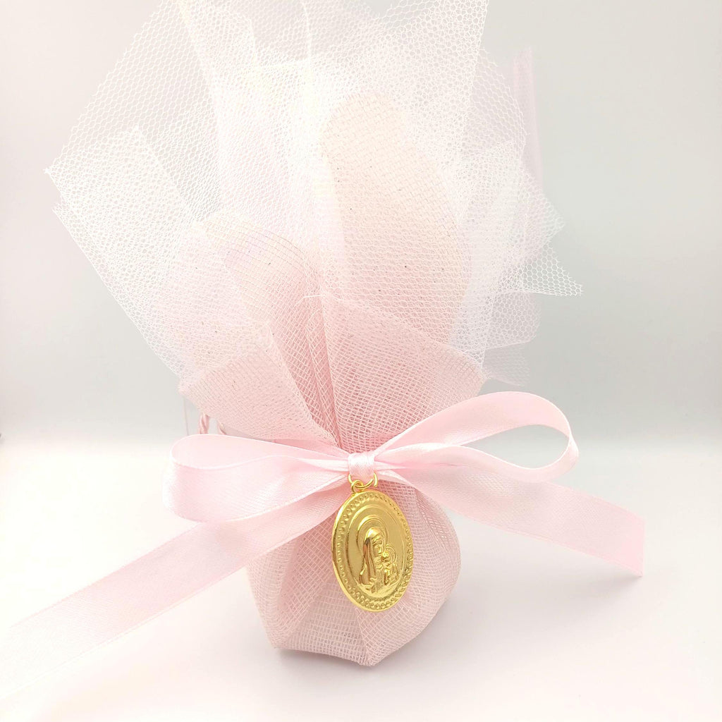 Greek Orthodox Icon Baptism Bombonieres, Pink tulle Christening favors Koufeta 10 pcs