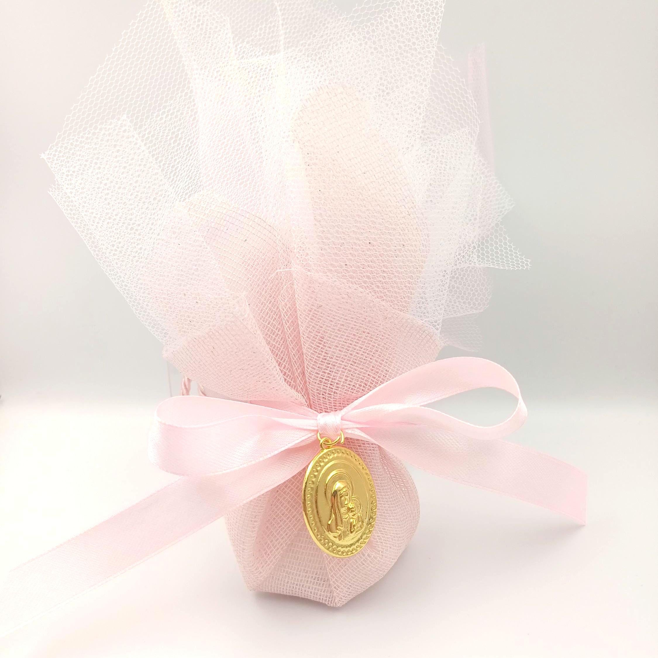 Greek Orthodox Icon Baptism Bombonieres, Pink tulle Christening favors Koufeta 10 pcs