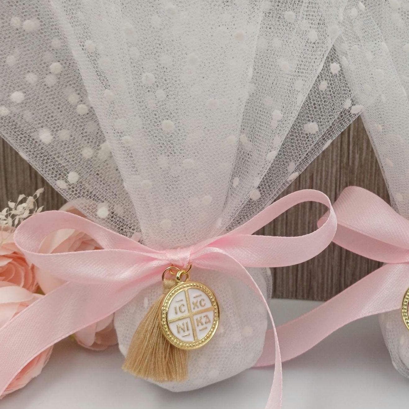 Greek Orthodox Cross Baptism Favors Tulle Bomboniera First Communion Koufeta Sugared Almond Guest Souvenir 10 Pieces