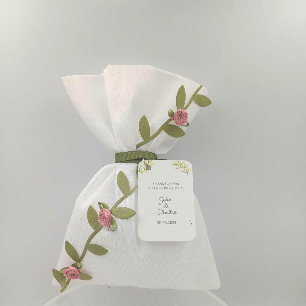Luxury Taffeta Wedding Favor Bag – Olive Branch Ribbon, Jordan Almonds, Greek Bomboniere (5.1 x 7.5 in, Set of 10)