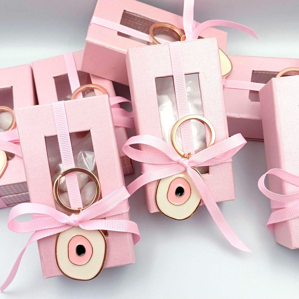 Greek baptism favors, Orthodox baptism bomboniere, pink box with evil eye keychain,  10 pcs