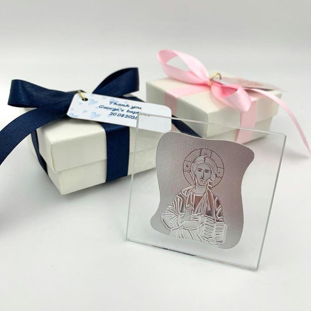 Orthodox Icon Favors Panagia and Christos, Greek Baptism Christening Gifts, Bombonieres box with koufeta, Mary and Jesus icons, 10 pcs.