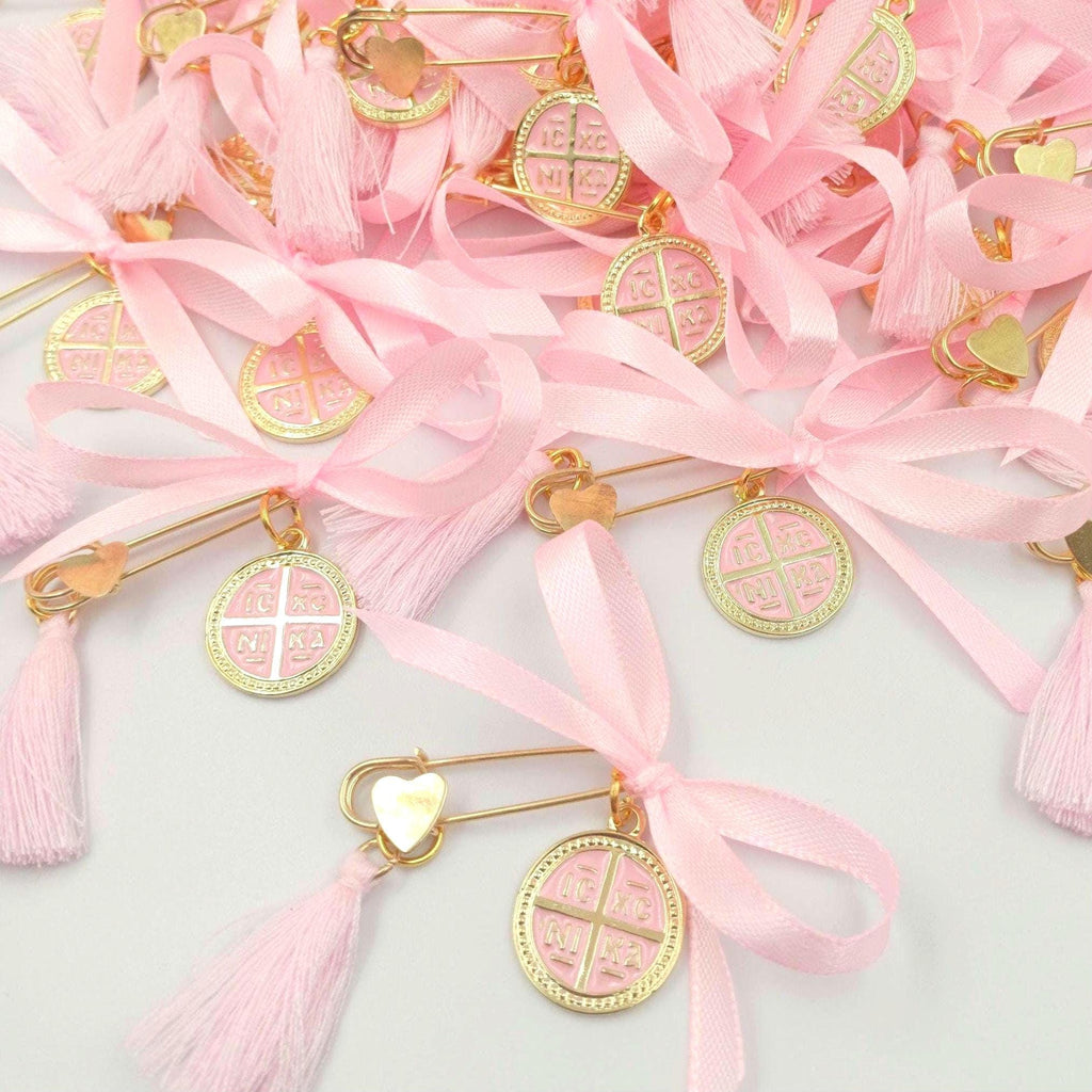 Greek Baptism Pins for girl,  Martyrika Witness Pins, Pink cross Baptism Favors, Greek Orthodox gold cross Baptism, First Communion  10 pcs.