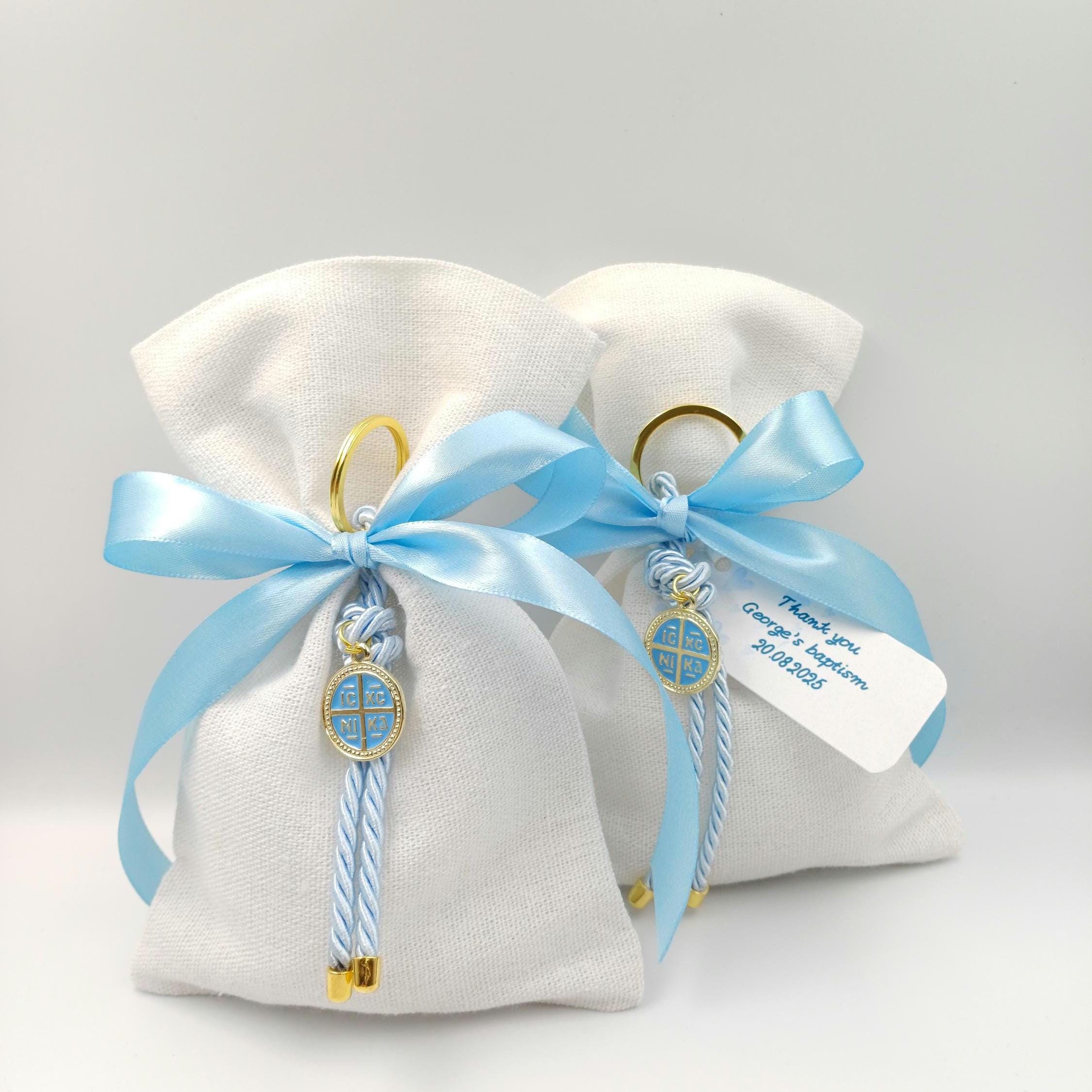 Greek Orthodox Baptism Bomboniere | Linen Pouch with Cross Keychain,  Set of 10