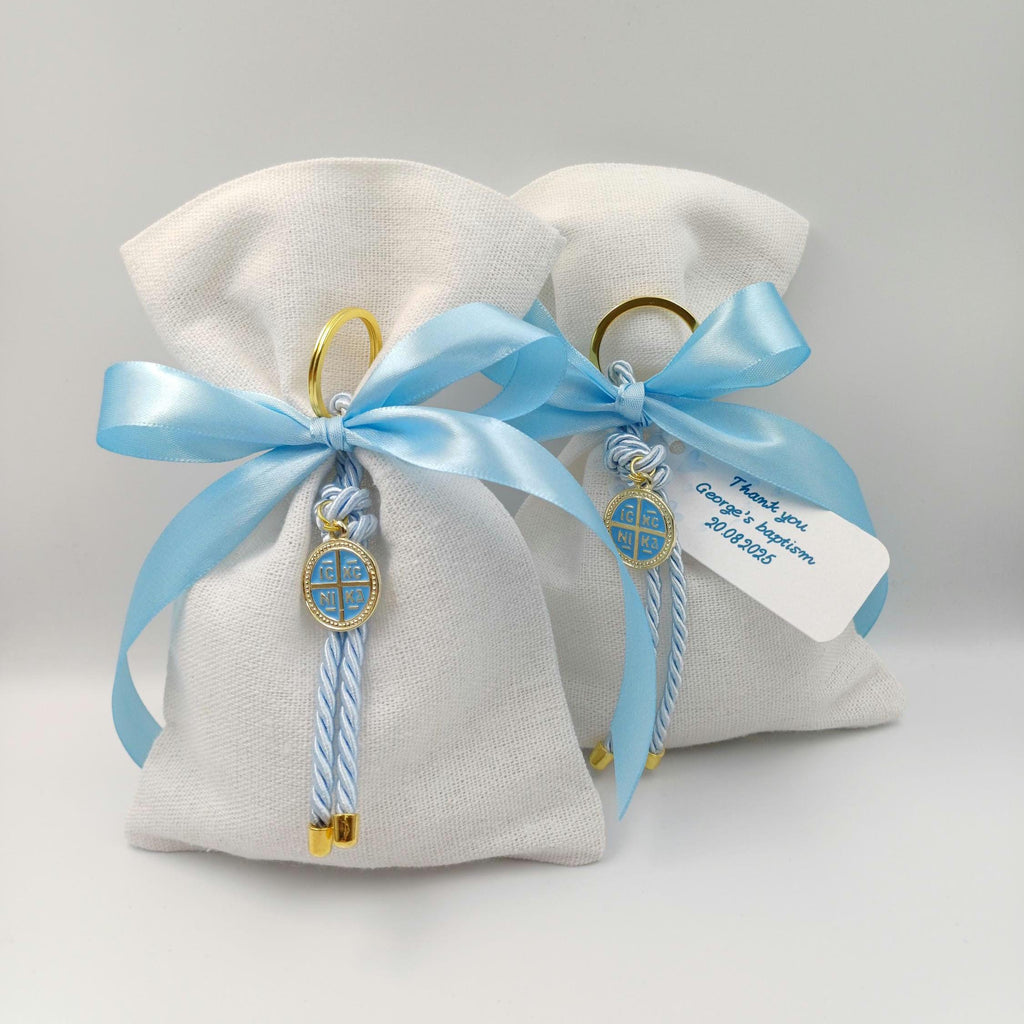 Greek Orthodox Baptism Bomboniere | Linen Pouch with Cross Keychain,  Set of 10