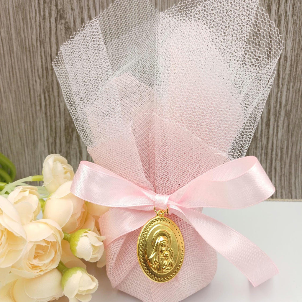 Greek Orthodox Icon Baptism Bombonieres, Pink tulle Christening favors Koufeta 10 pcs