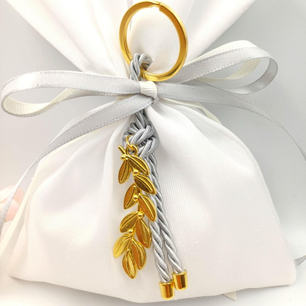 Greek bomboniera Wedding Favors with Olive Branch Key Chain,  Orthodox Baptism , Bridal Shower Gifts , 5 sugared almonds 10 pcs