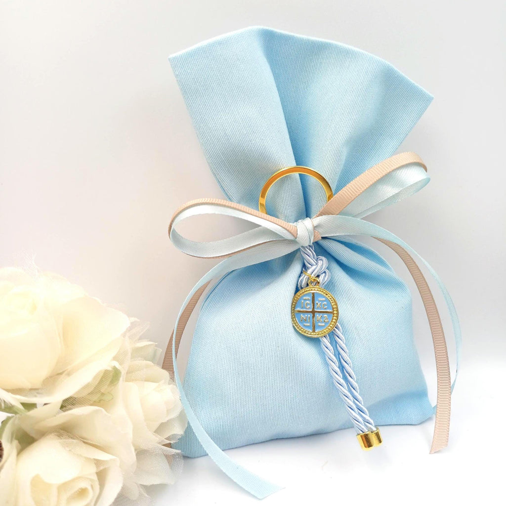 Cross key chain favors baptism, Greek baptism boubounieres, Orthodox baby blue Martirika, Almond candy bags 10 pcs.