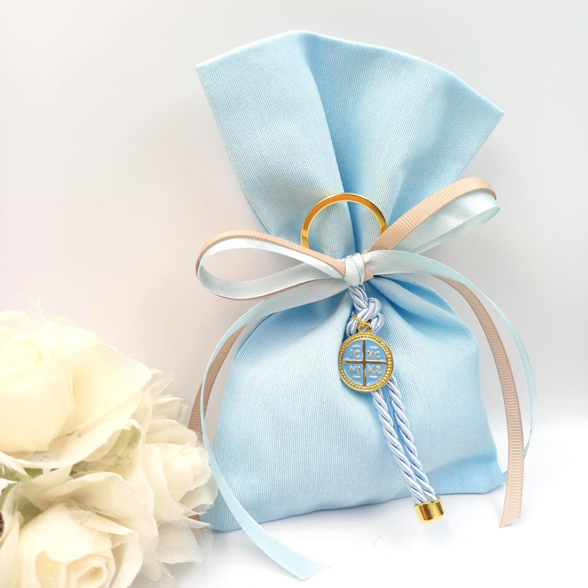 Cross key chain favors baptism, Greek baptism boubounieres, Orthodox baby blue Martirika, Almond candy bags 10 pcs.